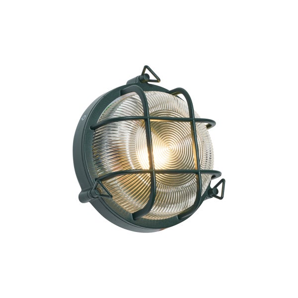 Runde Außenwandleuchte aus anthrazitfarbenem Metall mit Schutzgitter und geriffeltem Glas.