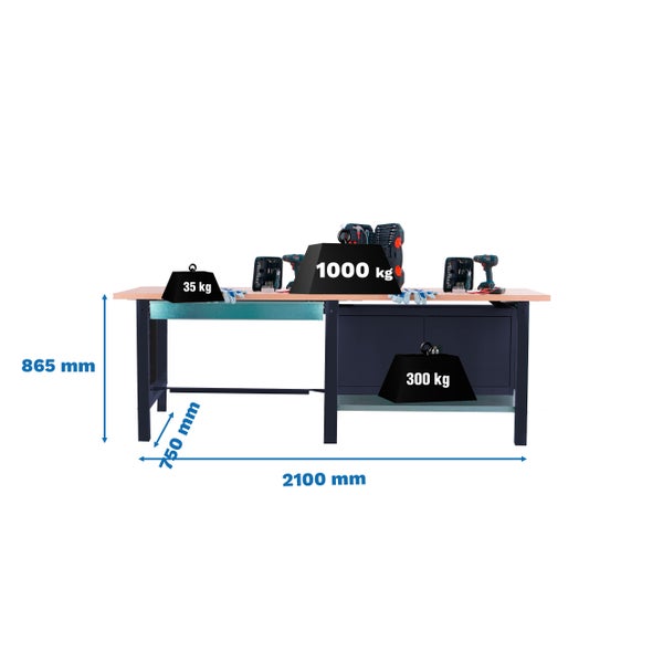 Werkbank BUFFALO WOOD mit 1x Schublade + Schrank| HxBxT 86,5x210x75cm | Traglast 1000kg | Anthrazit