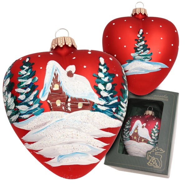 Herz mit verschneitem Haus, Rot Satin, 10cm, 1 Stck., Weihnachtsbaumkugeln, Christbaumschmuck, Weihnachtsbaumanhänger