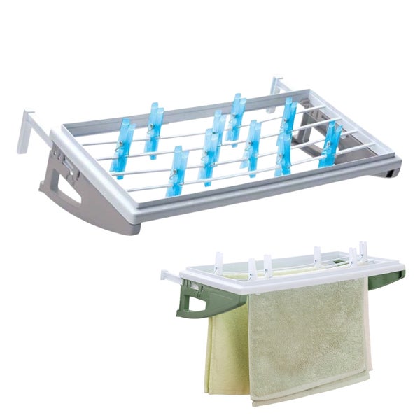 Kompakter Wäschetrockner zum Einhängen an Heizkörper oder Balkon mit Wäscheklammern und Handtuch.