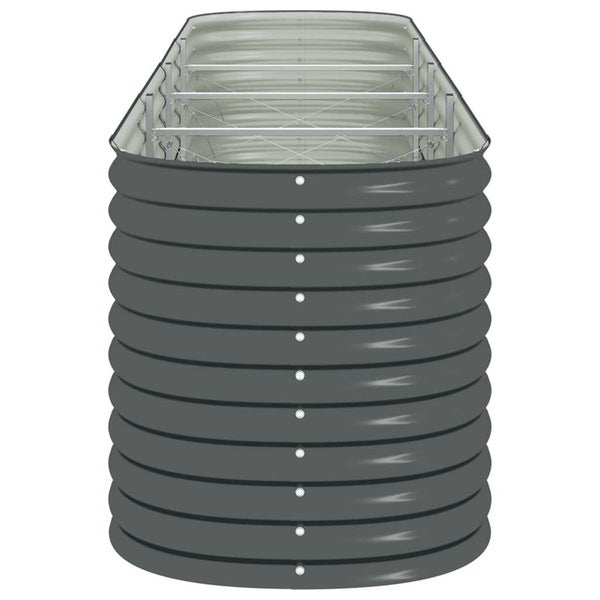Hochbeet aus Metall mit gewellten Wänden und internen Stabilisierungsstreben.