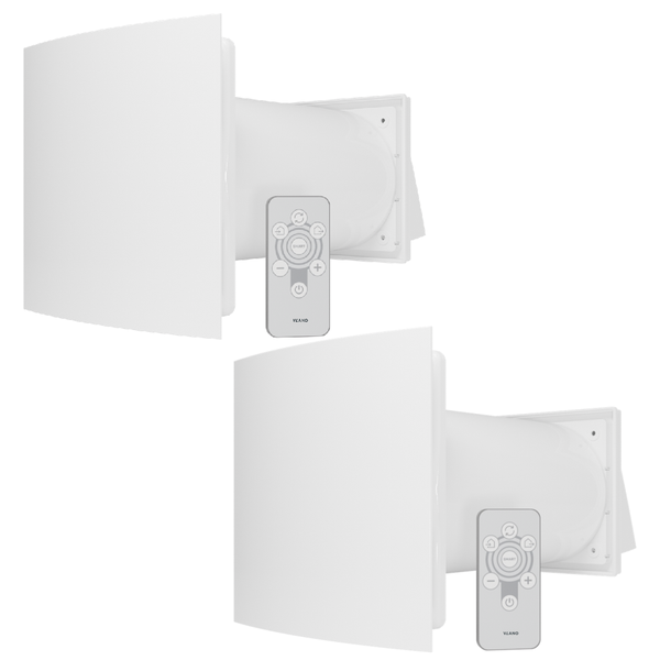 Zwei dezentrale Wohnraumlüftungsgeräte mit Wärmerückgewinnung von Vlano aus weißem Kunststoff inklusive zwei Fernbedienungen.