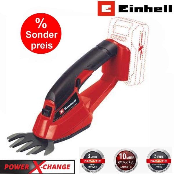 Einhell Akku-Gras- und Strauchschere Power X-Change mit Sonderpreis-Symbol und Garantiesiegeln für Motor, Akku und Gerät