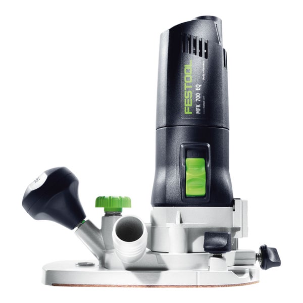 Festool Modulkantenfräse MFK 700 EQ mit Absaugstutzen, verstellbarem Griff und Frästisch.