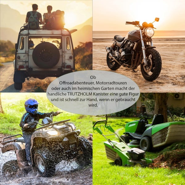 Trutzholm Kanister Anwendungsszenarien bei Offroadtouren, Motorradausflügen, Quadfahrten und Gartenarbeit.