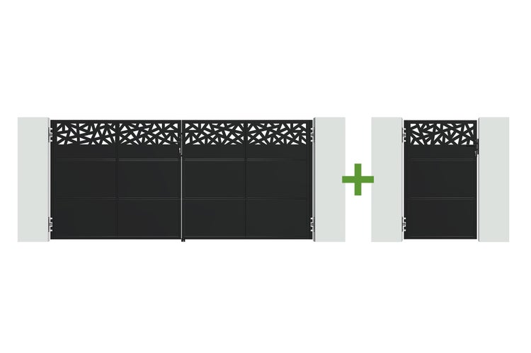 Set aus modernem Doppelflügeltor und passender Gartenpforte aus Metall mit dekorativem Ausschnittmuster im oberen Bereich.
