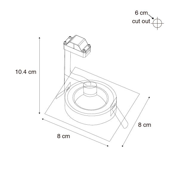 Technische Zeichnung eines Einbaustrahlers mit Maßen: Höhe 10,4 Zentimeter, Länge 8 Zentimeter, Breite 8 Zentimeter und Ausschnitt 6 Zentimeter.