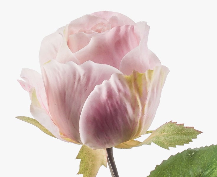 Künstliche Rose aus Textil in Rosa mit grünen Blättern.