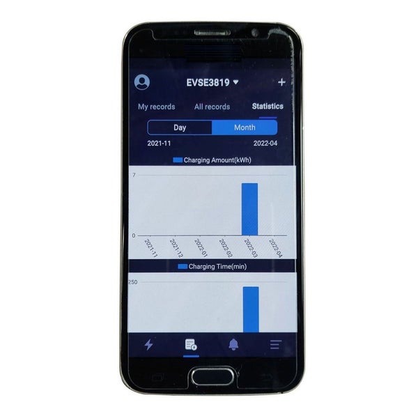 Smartphone zeigt eine App für Ladestationen mit Statistiken zur Ladezeit und Strommenge in Kilowattstunden an.