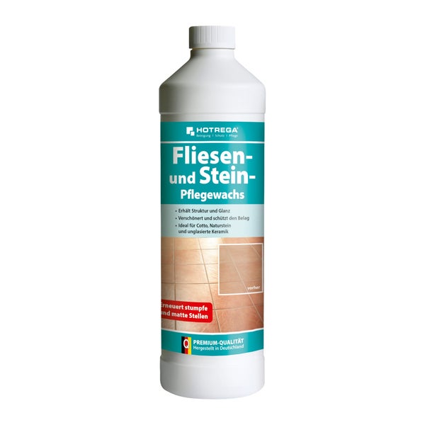 Hotrega Fliesen und Stein Pflegewachs zur Reinigung und Pflege von Cotto, Naturstein und unglasierter Keramik in der Flasche.
