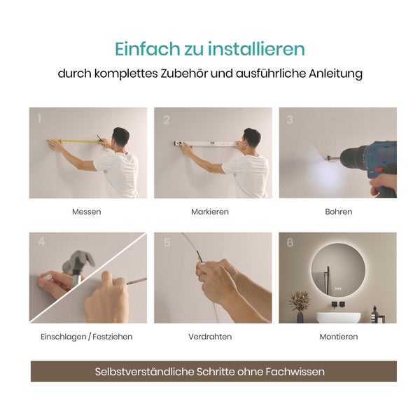 EMKE Badspiegel mit Beleuchtung LED-Spiegel mit Touchschalter ф50cm,  rund, Anti-Beschlag, 3 dimmbare Lichtfarben