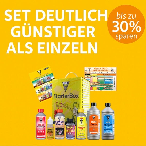 Hesi StarterBox Dünger-Set mit verschiedenen Flüssigdüngern und Zuchtschema, bis zu 30 Prozent Ersparnis gegenüber Einzelkauf.