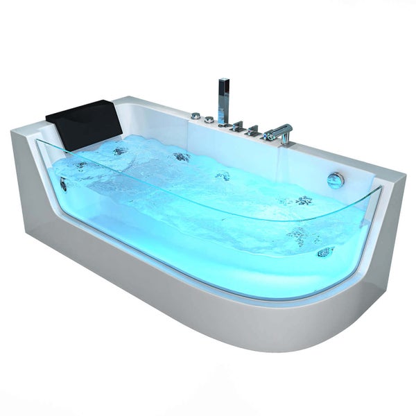 Moderne Whirlpool Badewanne mit Glasfront Nackenstütze und Armaturen sowie sprudelndem Wasser