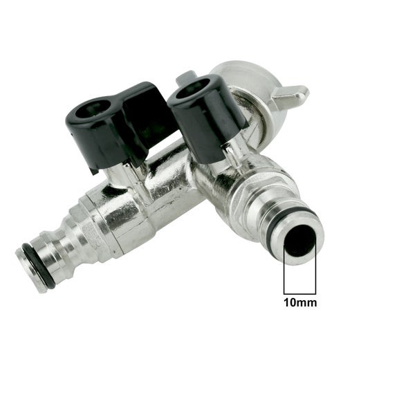 V-GY. Verteiler 2-Wege mit Absperrhähnen 3/4IG - 2x1/2Stutzen für Kupplung (Nikel)