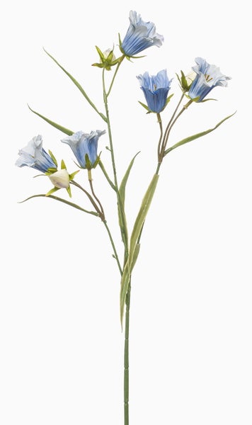 Künstlicher Glockenblumen-Zweig mit blauen Blüten und schmalen grünen Blättern.