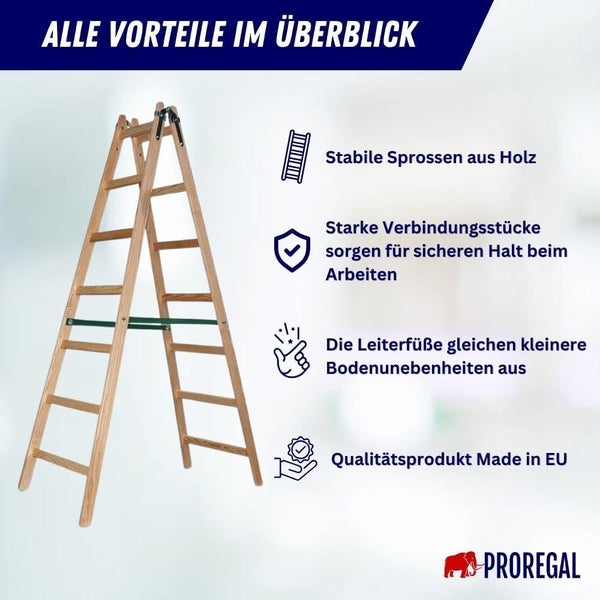 PROREGAL Sprossen-Stehleiter Aus Holz Economy Plus Beidseitig Begehbar 2 x 7 Sprossen Arbeitshöhe 3,60 m Traglast 150 kg
