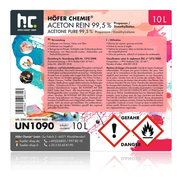 Höfer Chemie Aceton Rein 99,5 Prozent in 10 Liter Gebinde zur Entfernung von Harzen, Fetten, Ölen und Nagellack