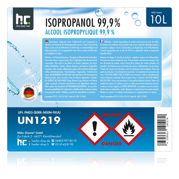 Isopropanol 99,9 Prozent in 10 Liter Gebinde von Höfer Chemie für Industrie, Haushalt und Gewerbe