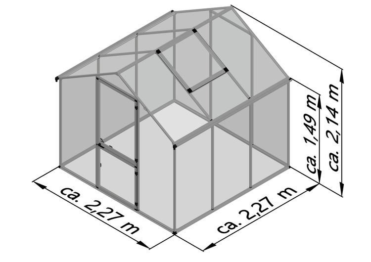 Gewächshaus mit Metallrahmen, transparente Platten, circa 2,27 Meter breit, 2,27 Meter tief, 1,49 Meter Seitenhöhe, 2,14 Meter Gesamthöhe.
