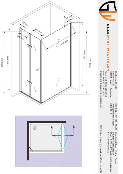 Technische Zeichnung einer Duschkabine mit Maßangaben