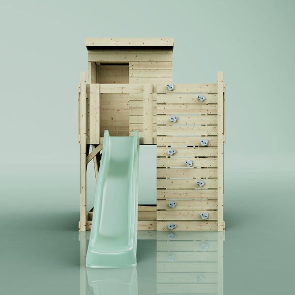 Spielturm aus Holz für Kinder mit Rutsche, Leiter, Spielhaus und integriertem Sandkasten.