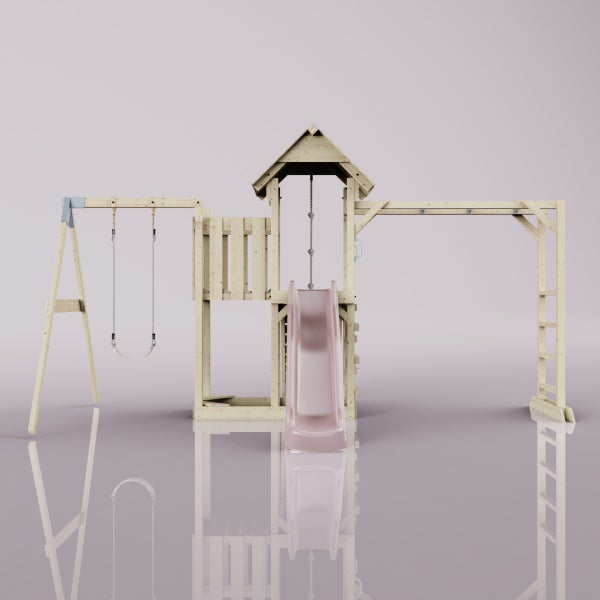 Holzspielplatz mit Schaukel, Rutsche, Strickleiter und Kletterseil