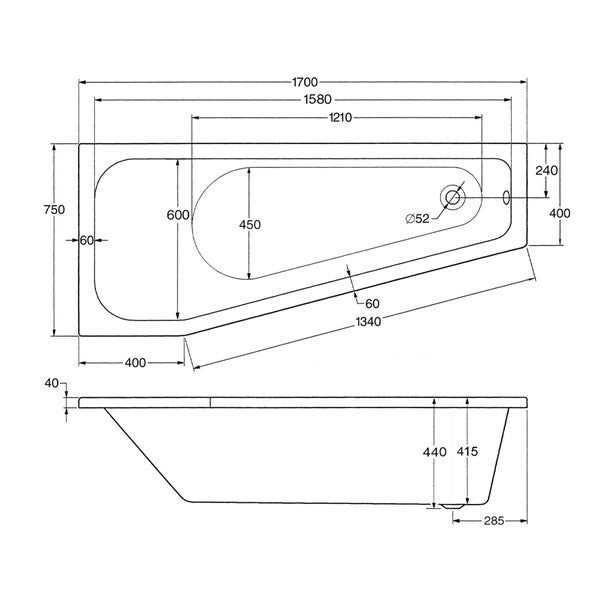 Technische Zeichnung einer Badewanne mit Maßangaben