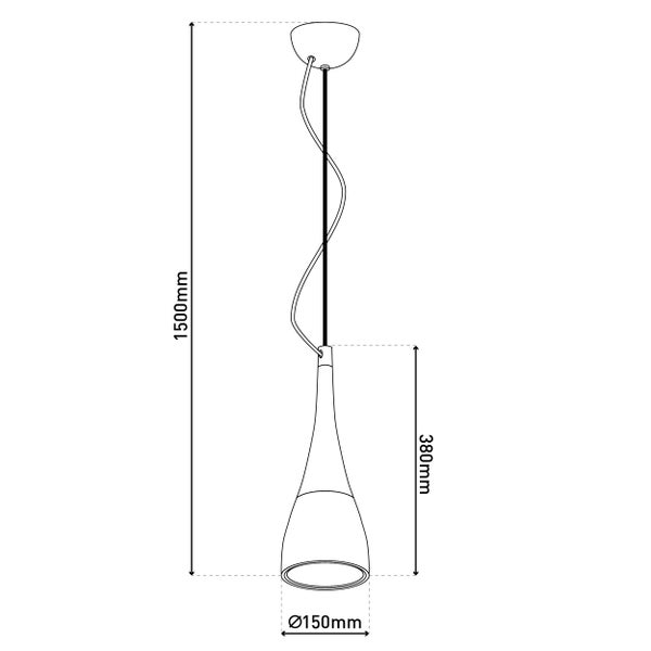 Technische Zeichnung einer Pendelleuchte mit den Maßen 1500 mm Gesamtlänge, 380 mm Lampenhöhe und 150 mm Lampendurchmesser.