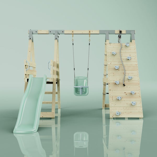 Klettergerüst aus Holz für Kinder mit Rutsche, Babyschaukel, Kletterwand mit Seil und Kletternetz.