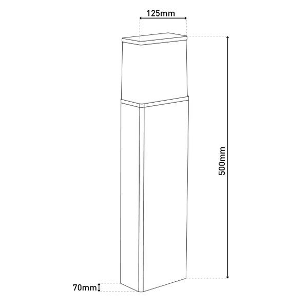 Abmessungen einer rechteckigen Sockelleuchte: 500 mm hoch, 125 mm breit und 70 mm tief.