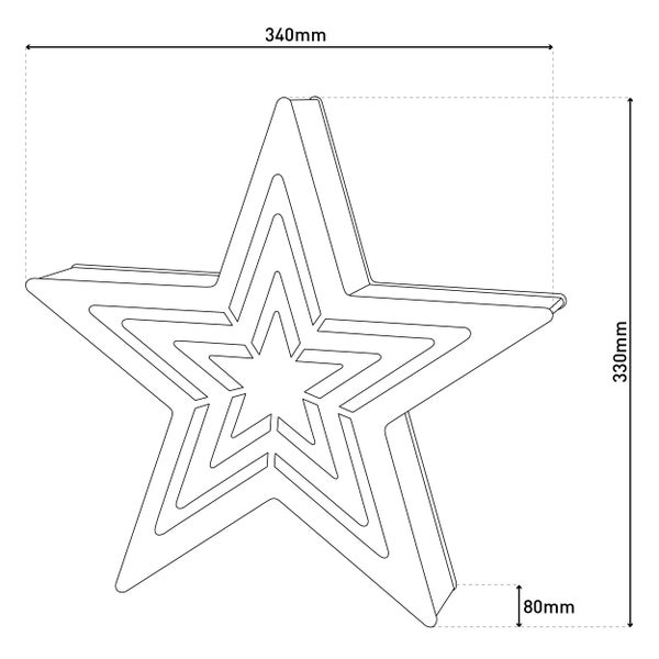 Abmessungen einer Stern-Dekoleuchte: 340 mm breit, 330 mm hoch, 80 mm tief