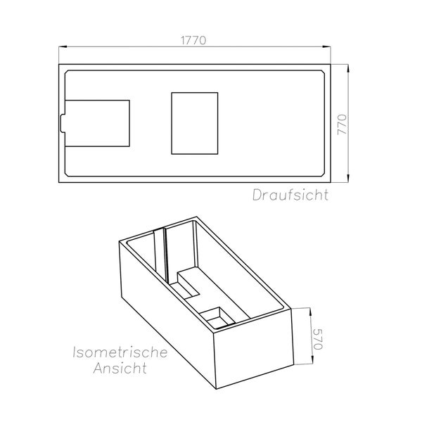 Technische Zeichnung einer Badewanne mit den Maßen 1770 x 770 x 570 mm.