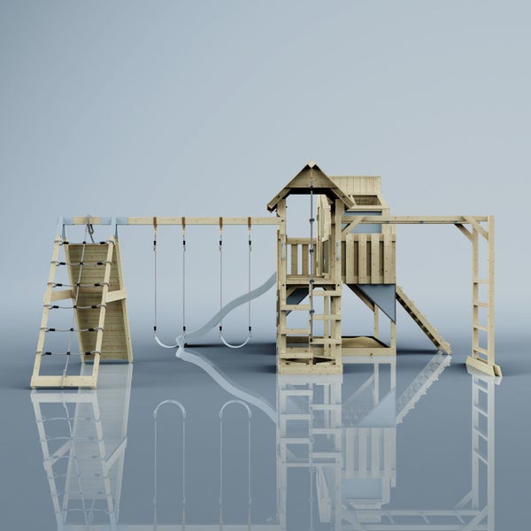 Holzspielplatz mit Rutsche, Schaukeln, Kletterwand und Spielhaus