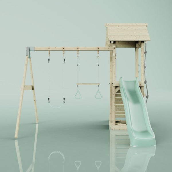 Spielturm aus Holz mit Schaukel, Kletterseil und Rutsche