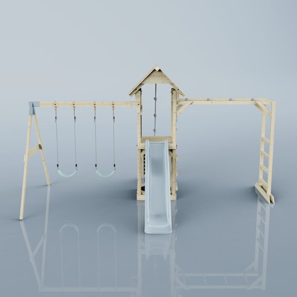 Spielturm mit Schaukel, Rutsche, Kletterwand und Leiter aus Holz