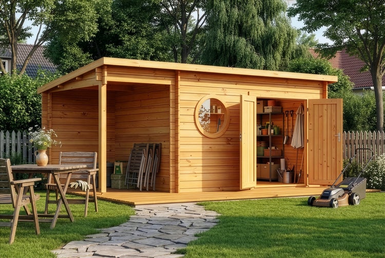 Gartenhaus aus Holz mit Flachdach, Rundfenster, Doppeltür und Schleppdach in einem Garten mit Terrasse.
