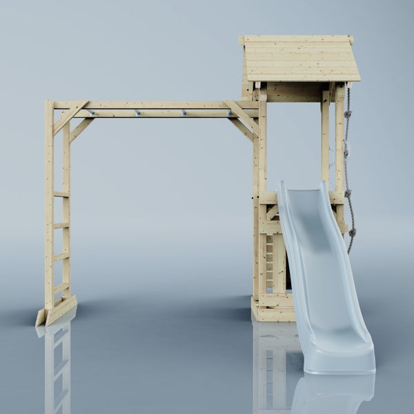 Holzspielturm mit Rutsche, Kletterleiter und Strickleiter