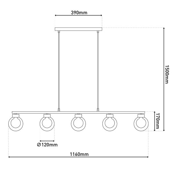 Technische Zeichnung einer Pendelleuchte mit fünf Leuchten und Maßangaben