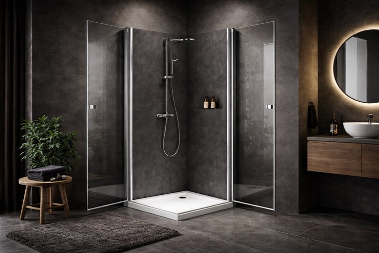 Modernes Badezimmer mit Eckdusche aus Glas, weißer Duschwanne, verchromtem Duschsystem, dunklen Wandpaneelen und Waschtisch mit rundem Spiegel.