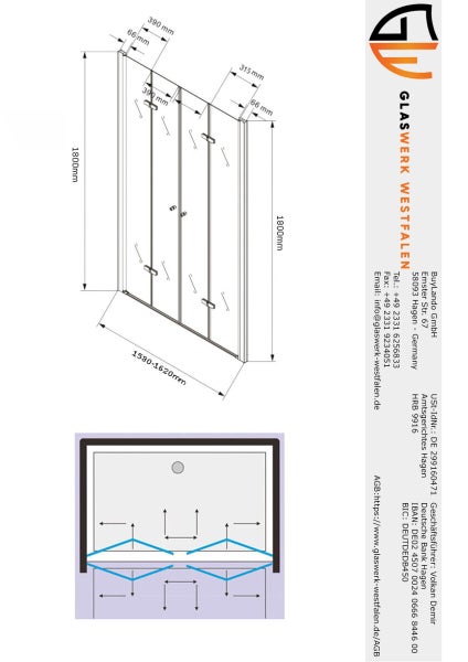 Technische Zeichnung einer Duschkabine mit Maßangaben