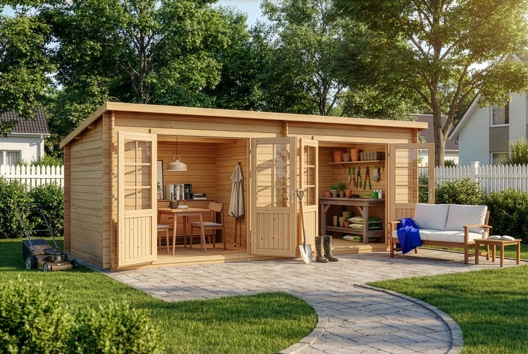 Modernes Gartenhaus aus hellem Holz mit Flachdach, zwei Räumen für Wohnen und Werkstatt, Glas-Doppeltüren, auf gepflastertem Weg im sonnigen Garten.