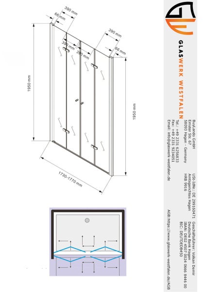 Technische Zeichnung einer Duschkabine mit Maßangaben