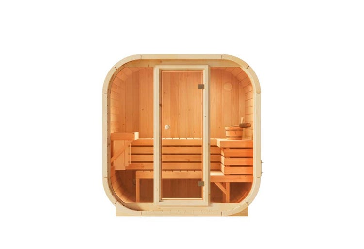 Moderne Fasssauna aus Holz mit Glastür und Inneneinrichtung inklusive Saunaeimer und Schöpfkelle