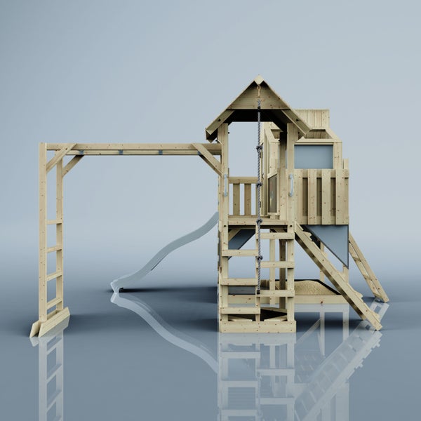 Spielturm mit Rutsche, Kletterwand und Sandkasten