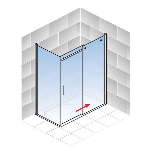 Duschkabine mit einer Schiebetür und einer Seitenwand, Öffnungsrichtung der Tür durch einen Pfeil markiert.