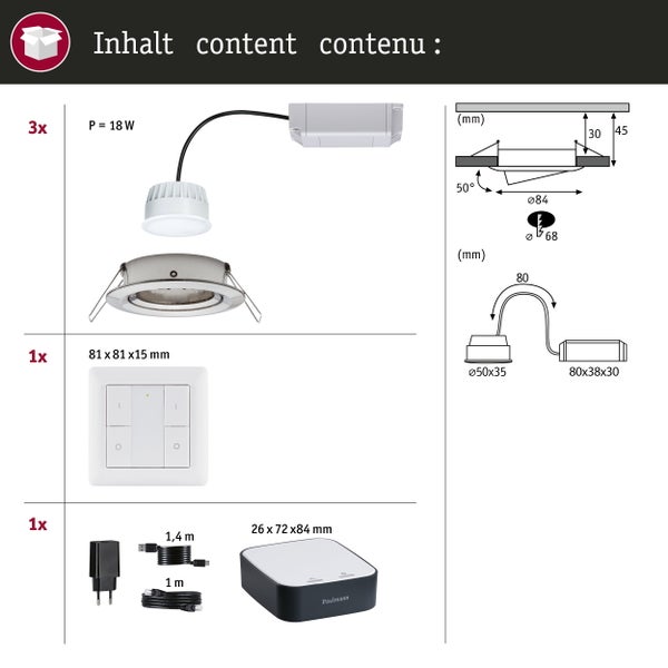 Preisattraktives Starterset Smart Home smik Gateway mit Wandtaster + LED Einbauleuchte Nova Plus Coin Basisset schwenkbar Tunable White
