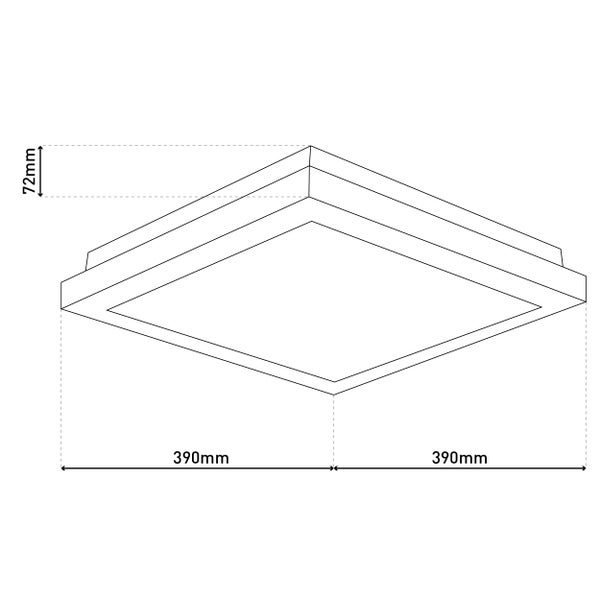 Abbildung einer quadratischen Deckenleuchte mit den Maßen 390 mm x 390 mm und einer Höhe von 72 mm.