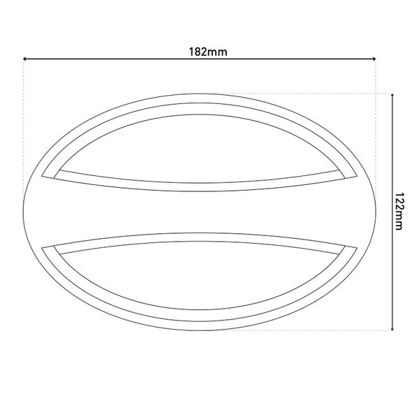 Zeichnung einer ovalen LED-Leuchte mit Abmessungen 182 mm x 122 mm