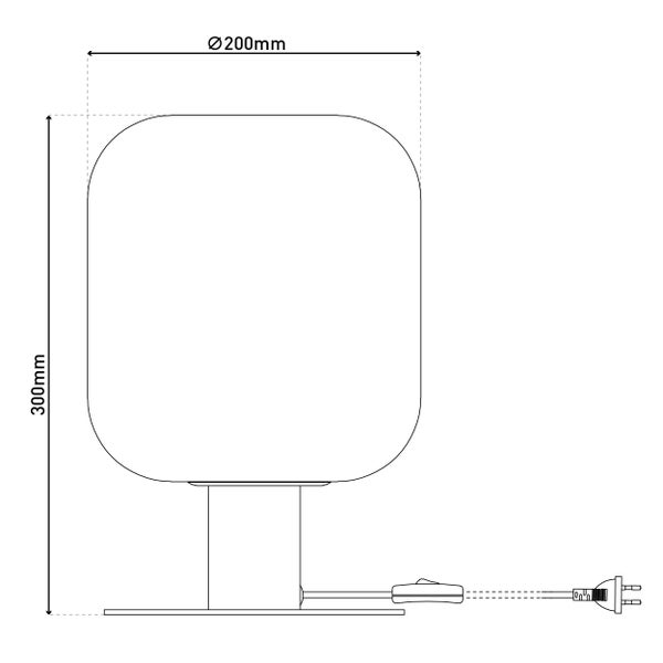 Skizze einer Tischleuchte mit den Maßen 200 mm Durchmesser und 300 mm Höhe