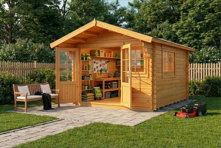 Holzgartenhaus mit Werkbank, Regal, Rasenmäher und Gartenbank im Garten